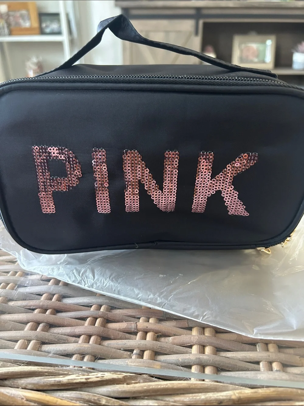 PINK Sequin Logo Black Cosmetic Case